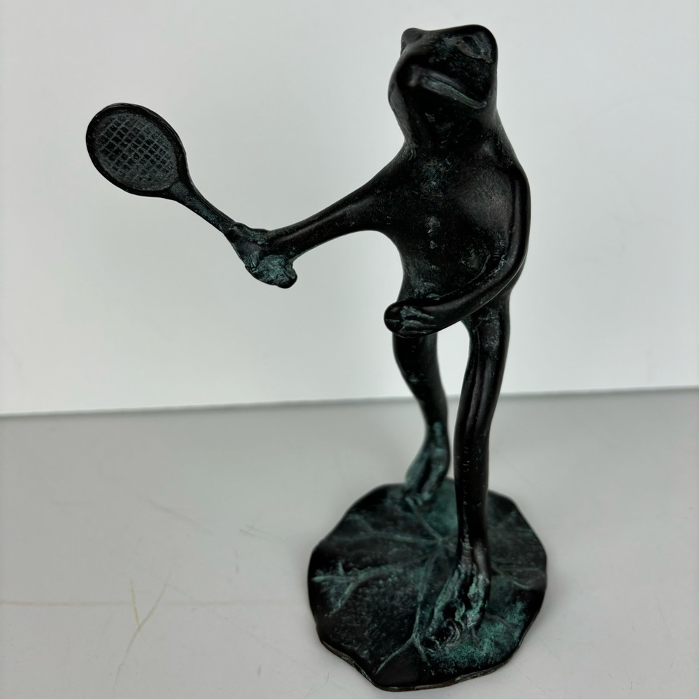 SPI Tennis/Pickle Ball Playing Frog solid brass sculpture on lily pad.